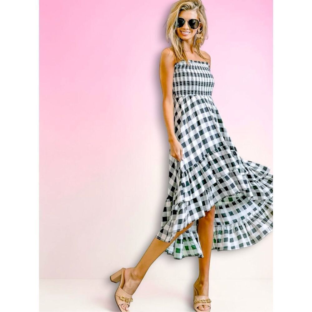 Bibi SmockedāGingham Midi Dress Strapless High Low Ruffle XL NWT - Picture 4 of 13